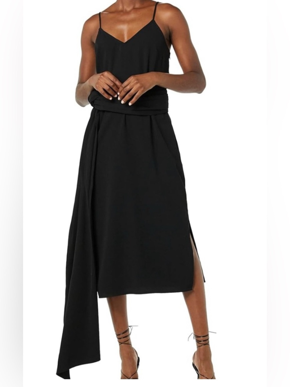 Making The Cut Black Midi Slip Dress with Waist Multi-way Sash Drape